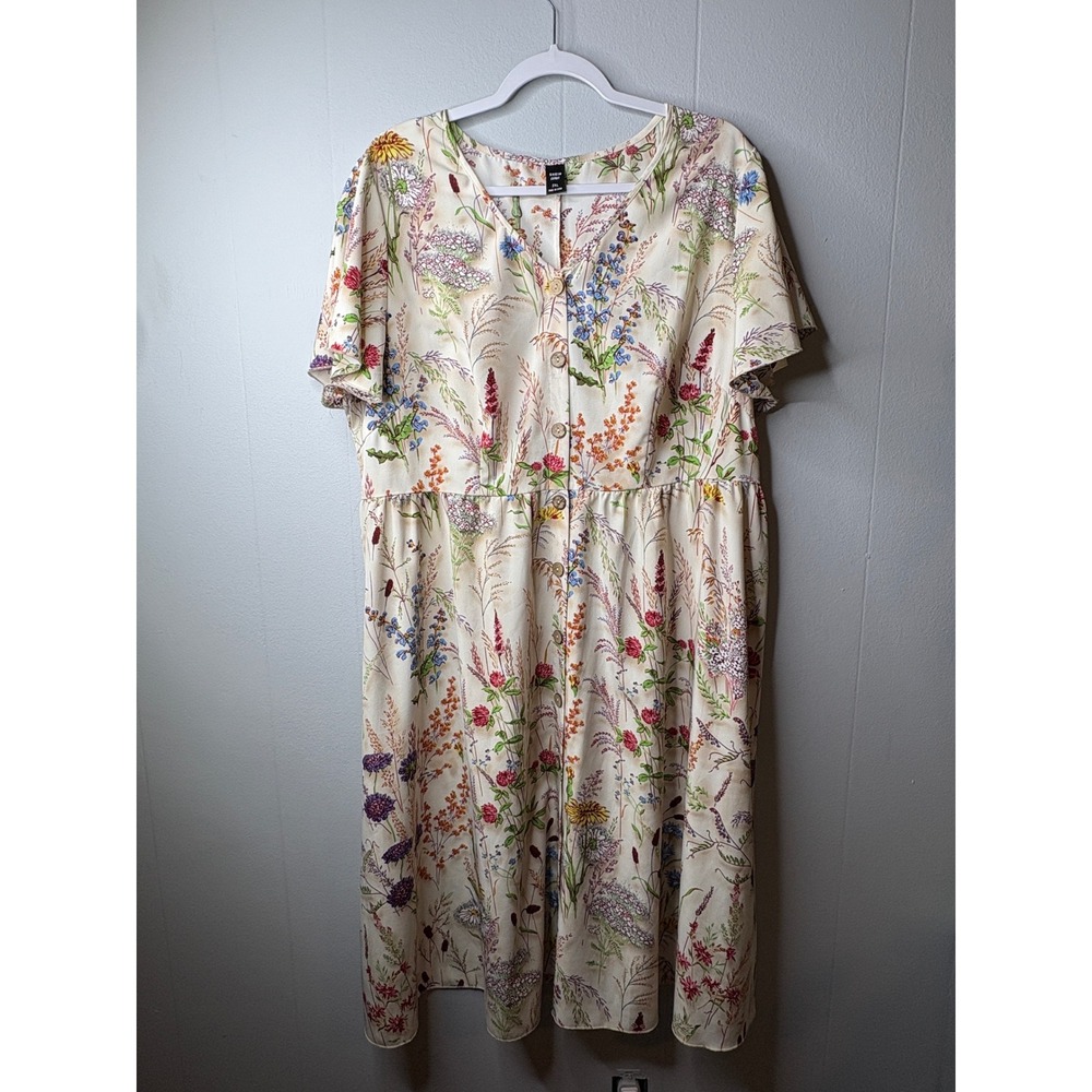 SHEIN Curve Womens 2XL Wildflower Botanical Button Front V-Neck Midi Dress Cream